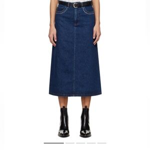 A.P.C. size 38 (US 6) dark denim midi a-line skirt with studs at front pocket.